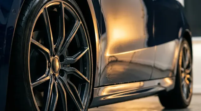 Glossy electric vehicle wheel and paint protection film finish