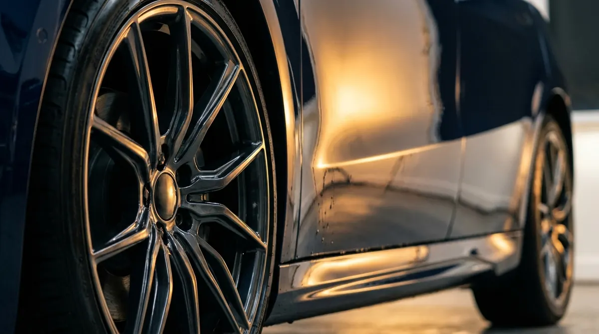 Glossy electric vehicle wheel and paint protection film finish