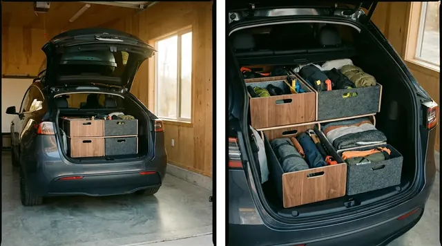 Organized electric vehicle trunk storage with rooftop cargo carrier